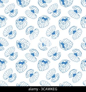Ripetizione senza cuciture degli shell. Conchiglie blu disegnate a mano su sfondo bianco. Conchiglie aperte con una perla a forma di cuore all'interno. Design di ispirazione marina. Tema costiero e spiaggia. Illustrazione vettoriale Illustrazione Vettoriale