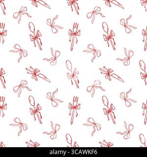 Motivo romantico con posate vintage. Icone rosse su sfondo bianco. Forche, cucchiai, coltelli e archi. Sfondo per matrimonio a tema, amore, giorno delle valenze, vacanze e feste. Illustrazione vettoriale Illustrazione Vettoriale