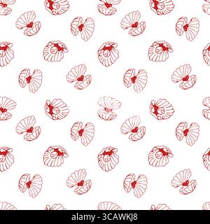 Ripetizione senza cuciture degli shell. Conchiglie rosse disegnate a mano su sfondo bianco. Conchiglie aperte con una perla a forma di cuore all'interno. Design di ispirazione marina. Tema costiero e spiaggia. Illustrazione vettoriale Illustrazione Vettoriale
