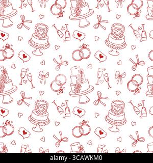 Matrimonio in rosso motivo senza cuciture con icone di linea su sfondo bianco. Illustrazioni di nozze con motivo senza cuciture. Motivo con anelli da sposa, torta, bicchieri, fiocchi. Sfondo per matrimoni, giorno delle vacanze, tema d'amore. Illustrazione vettoriale Illustrazione Vettoriale