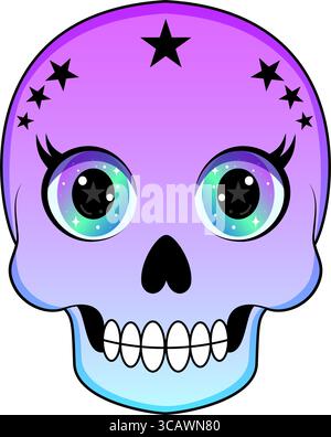 Carino e colorato quadro del cranio di kawaii con grandi occhi e stelle scintillanti Illustrazione Vettoriale