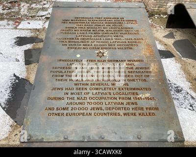 Targhe metalliche all'esterno della sinagoga bruciata a riga che segnano il luogo in cui le persone sono state uccise quando è stata data alle fiamme durante la seconda guerra mondiale Foto Stock