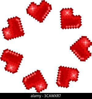 Cuori di pixel rossi luminosi disposti in forma circolare su sfondo bianco. Perfetto per design retrò, giochi e arte digitale. Illustrazione Vettoriale