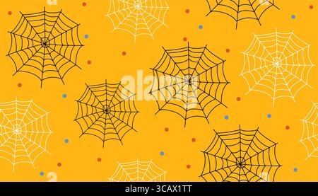 Halloween senza cuciture con ragnatela e piccoli puntini su sfondo giallo. Semplice stile cartoni animati. Perfetto per design spaventosi, tessuti e involucri Illustrazione Vettoriale