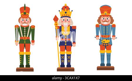 Set di tre soldati giocattolo dello schiaccianoci natalizi in uniforme rossa, verde e blu. Tradizionale design a cartoni animati piatti per decorazioni natalizie, biglietti d'auguri, Illustrazione Vettoriale