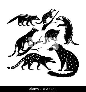 Silhouette nera piatta illustrazione di Civet africano e animali esotici su sfondo bianco Illustrazione Vettoriale