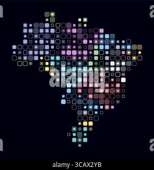 Brasile, forma del paese costruito di celle colorate. Mappa digitale del Brasile su sfondo scuro. Blocchi quadrati arrotondati di grandi dimensioni. Illustrazione Vettoriale