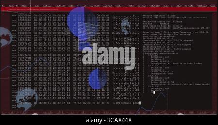 Visualizzazione di finestre che mostrano il dump esadecimale e l'output della scansione di rete sulla workstation, con bordo dell'interfaccia utente rosso Foto Stock