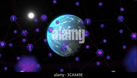 Globo terrestre galleggiante che si illumina nello spazio, con icone sanitarie esagonali viola e linee sottili Foto Stock