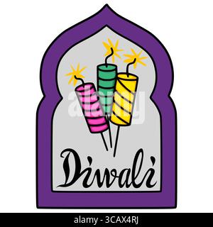 Festive Diwali Vector Illustration tre Firecracker colorati all'interno di un elegante arco viola, con scritta a mano Diwali. Illustrazione Vettoriale