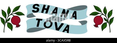 Festive Rosh Hashanah Vector Illustration Un design unico caratterizzato da un banner a nastro ritorto con Shana Tova Text e rami di melograno. Illustrazione Vettoriale