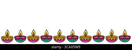 Il bordo vettoriale perfetto per le feste con lampade Diya ornate è perfetto per i design Diwali o Indian Holiday. Illustrazione Vettoriale