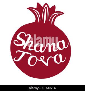 Un'illustrazione vettoriale di un melograno stilizzato con le parole ebraiche Shana Tova incise, perfetta per i biglietti di auguri di Rosh Hashanah e per i desideri festivi Illustrazione Vettoriale