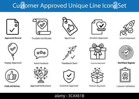 Icona linea approvata dal cliente Imposta icone minimaliste di approvazione e feedback del contorno nero Illustrazione Vettoriale