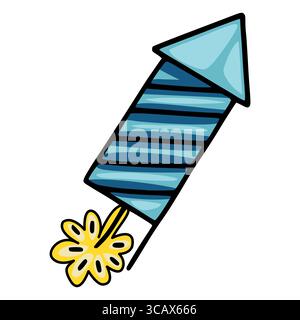 Una stravagante illustrazione vettoriale di un razzo pirotecnico a strisce blu e gialle con una scintilla stilizzata a forma di fiore, perfetto per i disegni festivi e le celebrazioni Illustrazione Vettoriale