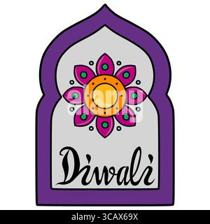 Illustrazione vettoriale Diwali Un mandala floreale stilizzato all'interno di un arco viola, perfetto per biglietti d'auguri o disegni celebrativi. Illustrazione Vettoriale