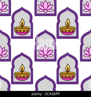Motivo vettoriale senza cuciture con illustrazioni ripetute di diya e lotusi rosa all'interno di cornici ad arco viola su sfondo bianco, ideale per f Illustrazione Vettoriale