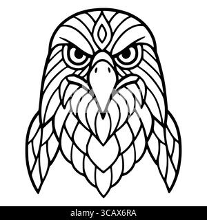 Intricata illustrazione vettoriale di una testa di aquile, caratterizzata da un design geometrico in stile MandalaStyle in bianco e nero. Illustrazione Vettoriale