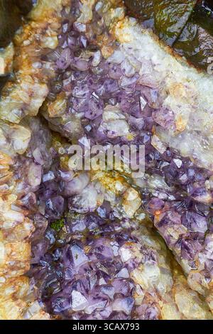 Vista ravvicinata della formazione Amethyst Crystal Inside Rock Foto Stock