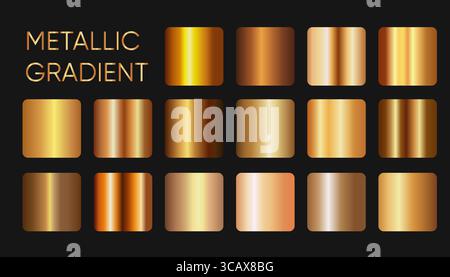 Collezione di sfumature metallizzate quadrate in tonalità oro e bronzo con lucentezza e riflessi, perfette per un uso digitale di qualità superiore. Illustrazione Vettoriale