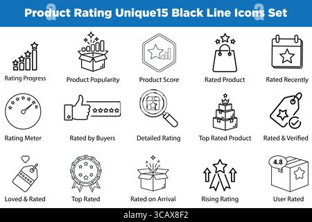 Icone della linea di valutazione del prodotto Set Punteggio nominale dell'utente, Meter con valutazione superiore, revisione del prodotto verificata Illustrazione Vettoriale