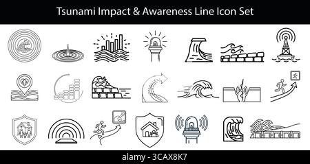 Le icone della linea di emergenza dello tsunami impostano la consapevolezza del disastro, l'evacuazione, l'impatto delle onde, l'avviso, i simboli di salvataggio Illustrazione Vettoriale