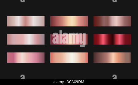 Set di sfumature metalliche in tonalità oro rosa, rosa, rosso e rame. Ideale per il branding di bellezza, il packaging o il design digitale. Illustrazione Vettoriale