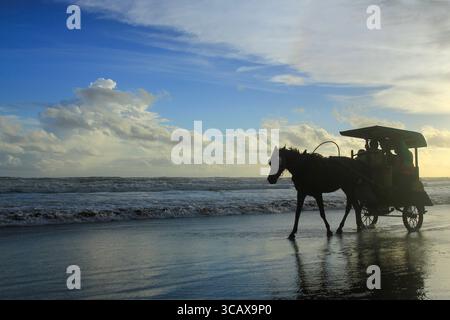 La sagoma di una carrozza trainata da cavalli che si muove lungo la costa crea un'atmosfera tranquilla. Foto Stock
