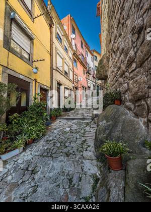 Vicolo stretto con facciate colorate nella città vecchia di Porto, Portogallo. Foto Stock
