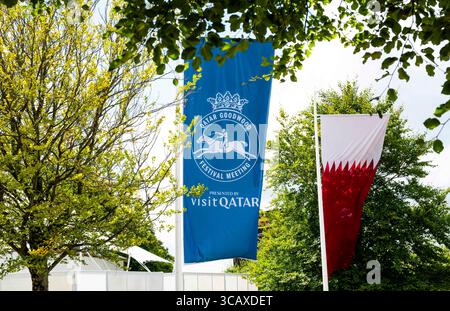 Incontro del Qatar Goodwood Festival 2025 all'ippodromo di Goodwood, Chichester - bandiere di Goodwood che volano sul campo Foto Stock