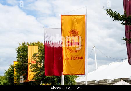 Incontro del Qatar Goodwood Festival 2025 all'ippodromo di Goodwood, Chichester - bandiere di Goodwood che volano sul campo Foto Stock