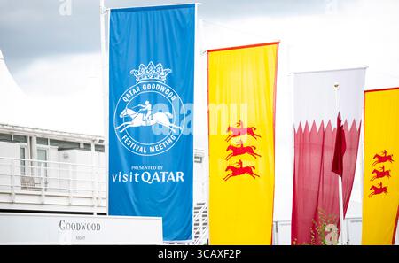 Incontro del Qatar Goodwood Festival 2025 all'ippodromo di Goodwood, Chichester - bandiere di Goodwood che volano sul campo Foto Stock