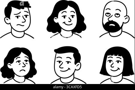 Collezione di sei ritratti disegnati a mano di persone diverse che mostrano varie emozioni, tra cui felici, tristi e confusi. Facce in bianco e nero con expres Illustrazione Vettoriale