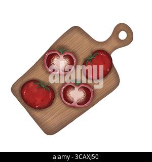 Immagine ad acquerello di due pomodori rossi interi e due metà di pomodoro poggiate su un tagliere di legno su sfondo bianco. Questo vibrante a Foto Stock