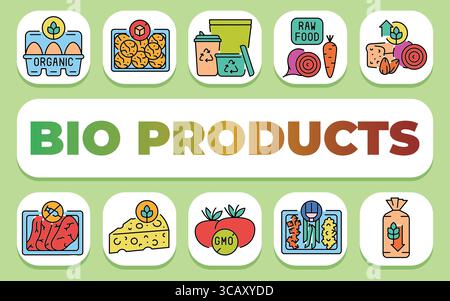 Informazioni sui prodotti biologici. Shablon per presentazione e infografica. Icone pulizia minima per applicazioni e siti Web. Illustrazione Vettoriale