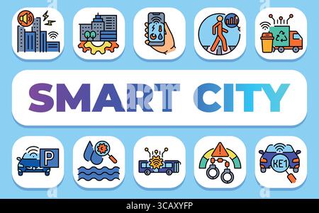 Concetto di testo città intelligente. Shablon per presentazione e infografica. Icone pulizia minima per applicazioni e siti Web. Illustrazione Vettoriale