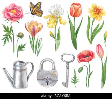 Set di fiori da giardino. Acquerello illustrazione disegnata a mano dei fiori primaverili. Narciso, peonia, croco, Iris, tulipani, poppy, vecchia serratura e chiave, innaffiare Foto Stock