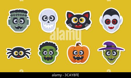 Gli adesivi della testa del personaggio di Halloween includono zucca, zombie, strega e molto altro ancora. Adorabile set di clip art per la testa di mostro Illustrazione Vettoriale