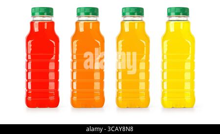 Quattro bottiglie di plastica contenenti succhi di frutta colorati o frullati, isolate su sfondo bianco, per favorire bevande salutari e rinfrescanti Foto Stock