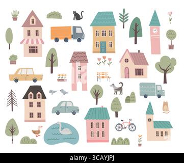 Varie piccole case, alberi, animali, vagoni vettoriali. Collezione di icone degli edifici dei cartoni animati. Disegna a mano. Graziosi elementi di design della città isolati Illustrazione Vettoriale