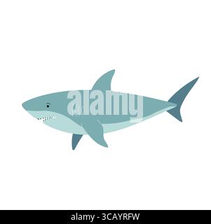 Squalo in stile piatto isolato su sfondo bianco. Illustrazione vettoriale del predatore marino cartoni animati. Personaggio dei cartoni animati dei pesci oceanici Illustrazione Vettoriale