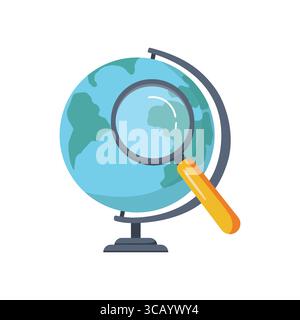 Lente d'ingrandimento cartoni animati e icona a forma di globo su sfondo bianco. Illustrazione vettoriale piatta Illustrazione Vettoriale