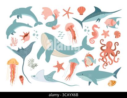 Set con animali marini ed elementi disegnati a mano. Delfini, pesci, squali, meduse, polpi, balene, conchiglie, alghe e coralli isolati su bianco Illustrazione Vettoriale
