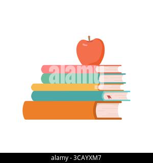 Una pila di cartoni animati di libri di testo su sfondo bianco. Legga libri. Illustrazione vettoriale della libreria dei cartoni animati. Torna a scuola. Illustrazione Vettoriale