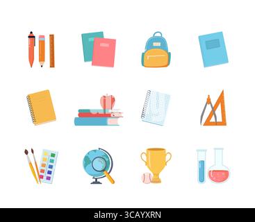 Raccolta icone Back to School Supplies (torna a scuola). Set di cancelleria colorata, zaino, libri di testo, quaderni, tazza del vincitore, disegno, matracci chimici, globo Illustrazione Vettoriale