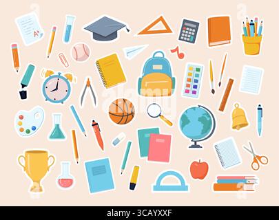 Collezione di adesivi Back to School con forniture, cancelleria, libri, globo, matraccio chimico, attrezzature sportive, sveglia, estrazione, coppa dei vincitori e. Illustrazione Vettoriale