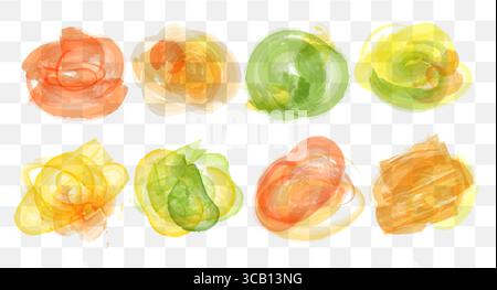 Questa collezione presenta energici scarabocchi ad acquerello con vortici in arancione, verde, giallo e marrone, a dimostrazione della vivace creatività e dell'arte Illustrazione Vettoriale