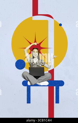 Collage di immagine di un tavolo da lavoro seduto da persona utilizza un punto netbook con forma a figura su sfondo blu Foto Stock