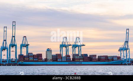Portsmouth Virginia - 19 giugno 2022: Una grande nave container di Maersk attraccata al Virginia International Gateway Terminal di Portsmouth Virginia Foto Stock