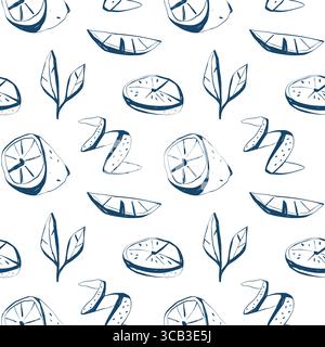 Motivo a torsione di limone senza cuciture con foglie, fette e bucce in blu intenso su bianco per un design moderno per cibi e cucine Illustrazione Vettoriale